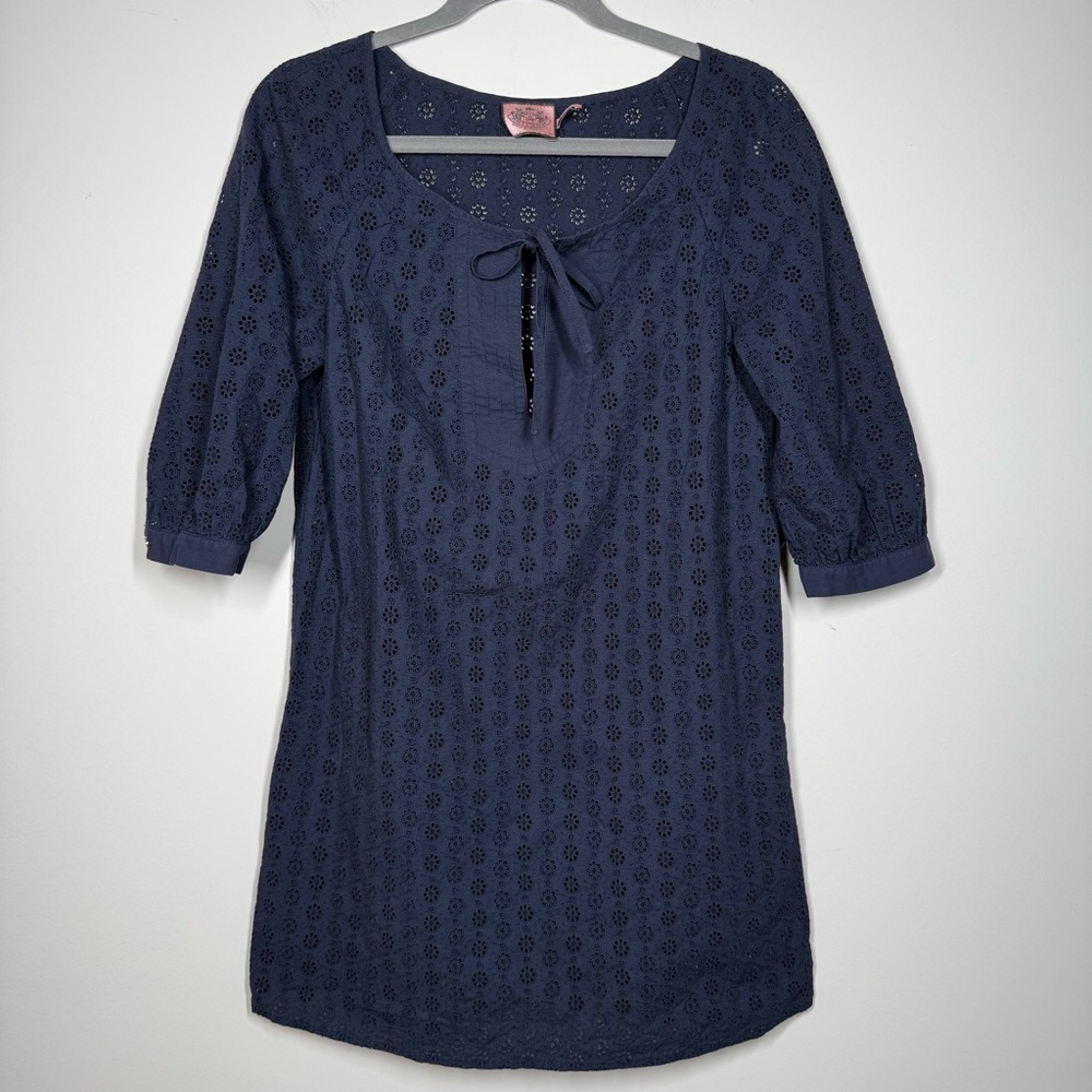 Juicy Couture Navy Eyelet Tunic Dress Cotton Tie Neck Size M